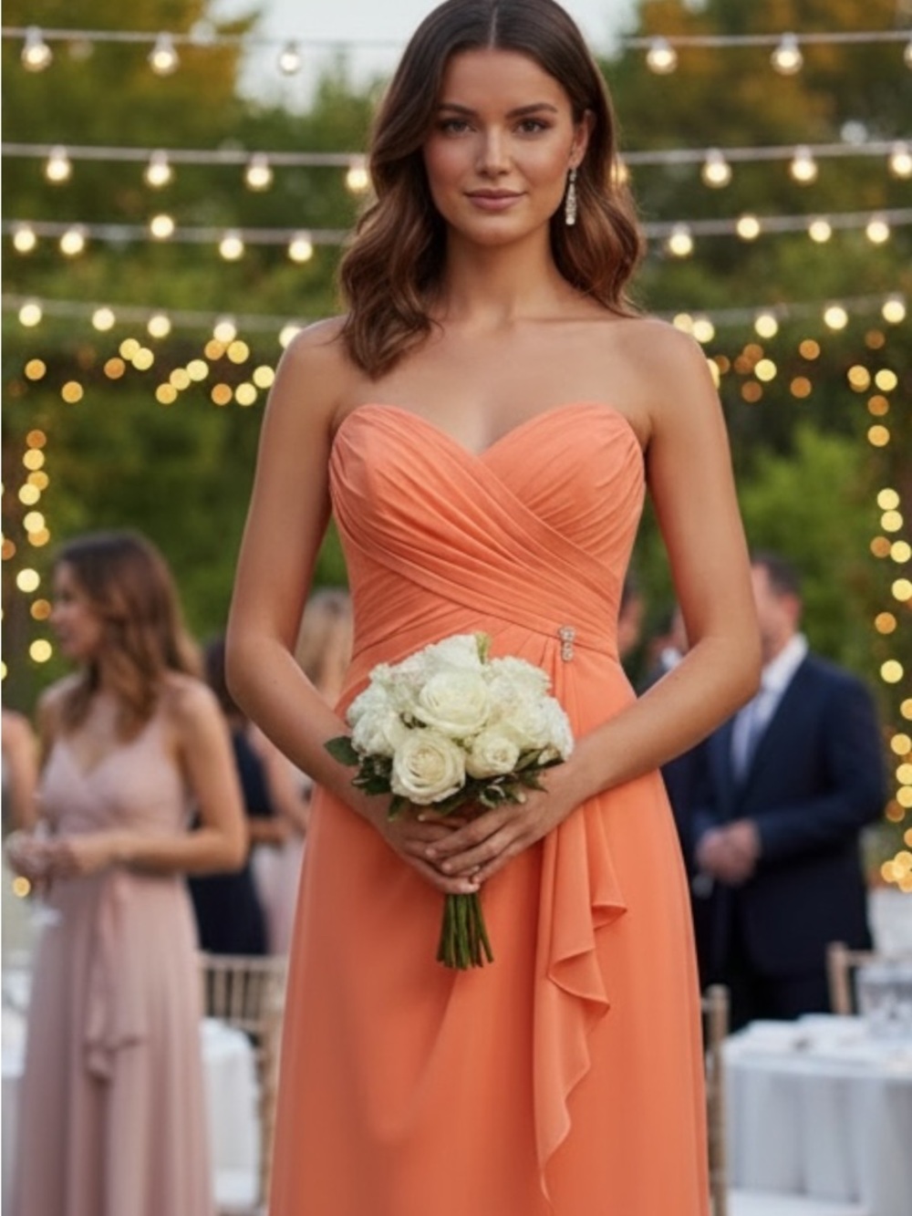 Mori Lee Strapless Cantaloupe-Orange   Bridesmaid Gown w/rhinestone detailing